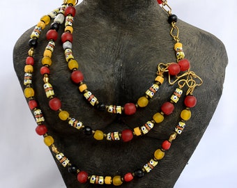 Red and Yellow layered African necklace,Red African layered necklace,Red and Yellow African jewelry for women