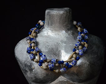 Chunky Blue twist necklace,Afrocentric Blue Paperbead necklace,Blue African wearable art necklace for women