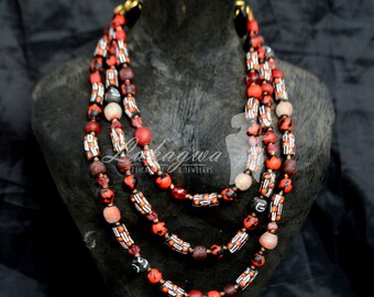 Red Elegant layered African necklace,Trade beads of Africa Necklace,African beaded Red necklace