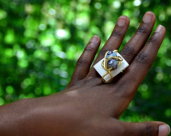 Ethnic White Brass Statement ring,Blue Afrocentric Brass ring,Purple African Brass ring