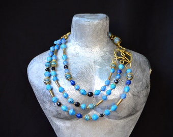 Aqua Blue layered Paperbead necklace,Blue Beautiful layered beaded necklace for women,Blue Brass layered necklace for women