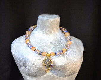 Orange Blue classy Afrocentric Choker necklace,Orange African choker necklace,African choker necklace for women