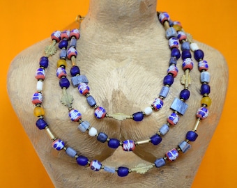 Maroon&Blue layered African necklace,Elegant African layered necklace,Statement African Blue necklace