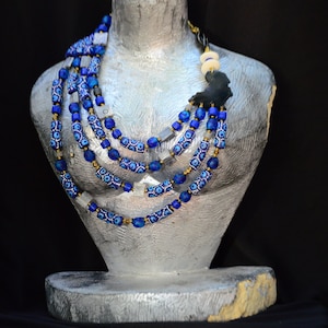 Aqua Blue African layered necklace,Blue Trade beads African necklace for women,Blue Elegant beaded African necklace image 1