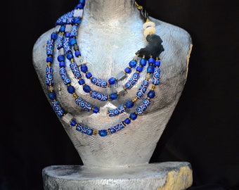 Aqua Blue African layered necklace,Blue Trade beads African necklace for women,Blue Elegant beaded African necklace