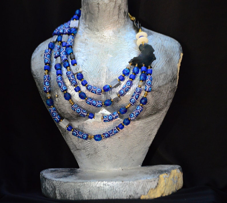 Aqua Blue African layered necklace,Blue Trade beads African necklace for women,Blue Elegant beaded African necklace image 1