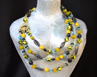 Yellow,Turquiose beaded necklace,Yellow Afrocentric beaded layered necklace,Turquiose layered necklace for women