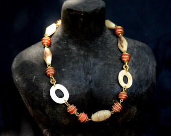 Orange African wired necklace,Simple unique Orange Brass necklace,Orange African beaded single stranded necklace for women