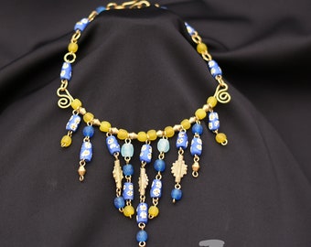 Blue&Yellow Afrocentric Choker Necklace, Blue African beaded Choker Necklace,Yellow African jewelry for women