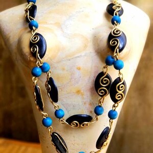 Black and Turquoise African layered necklace,Black Brass African necklace,Turquoise beaded African jewelry