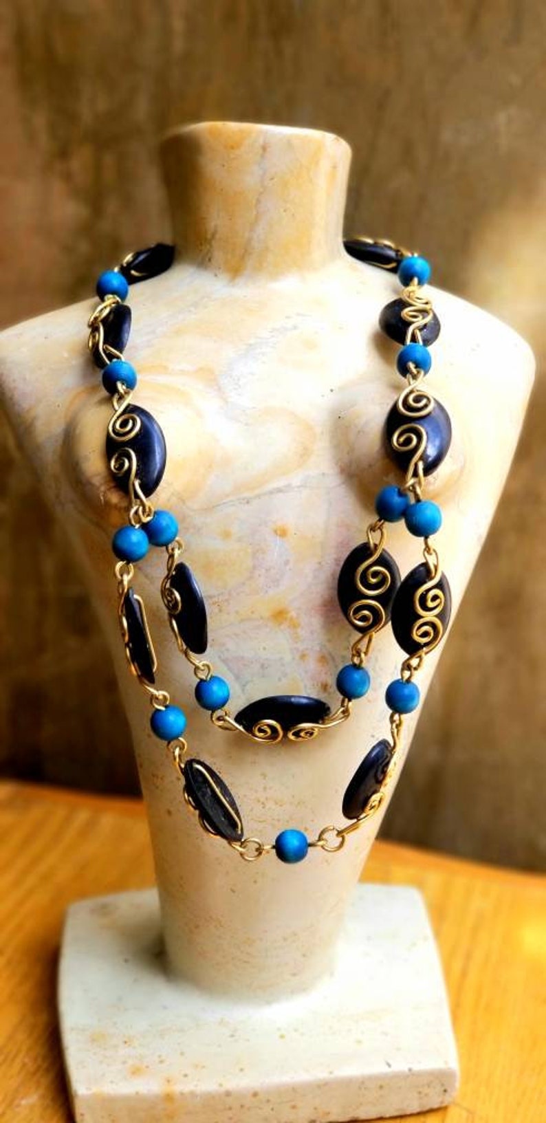 Black and Turquoise African layered necklace,Black Brass African necklace,Turquoise beaded African jewelry