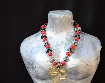 Crimson Red African beaded brass necklace,Red beaded African necklace for women,Unique red beaded African necklace