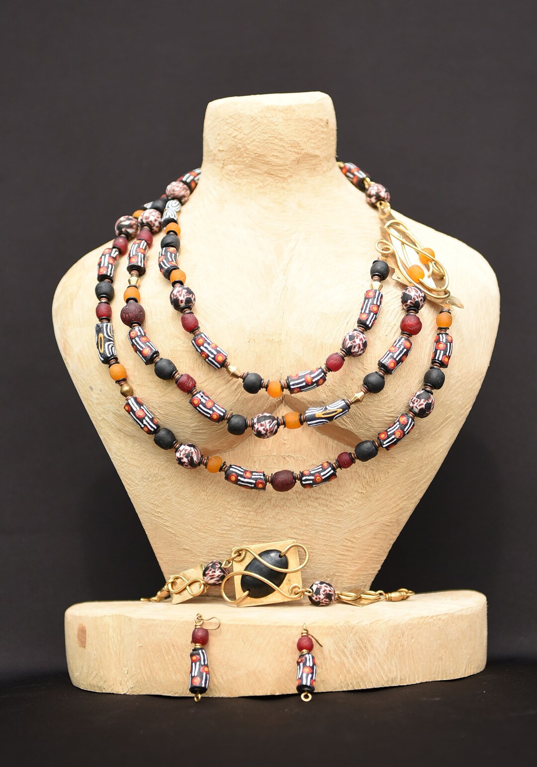 Set Gioielli Indiano Tradizionale – Collana E Orecchini – Arancione Reale E Tono Oro – Kundan