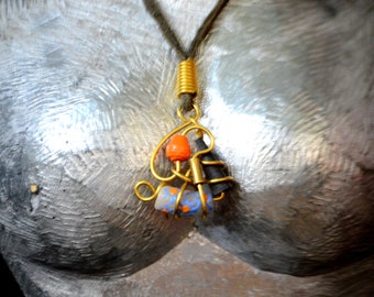 Blue Orange pendant leather necklace,Blue African pendant leather necklace,Orange beaded Pendant necklace for women