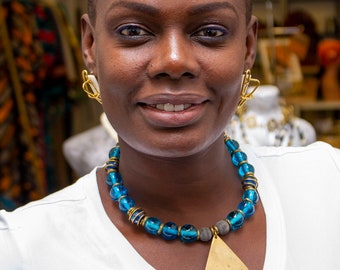 Exquisite Blue Choker beaded neck piece,Afrocentric Blue Glass beaded Statement choker necklace