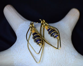 Blue wire wrapped Brass earrings,Cobalt Blue Petal shaped African earrings for women