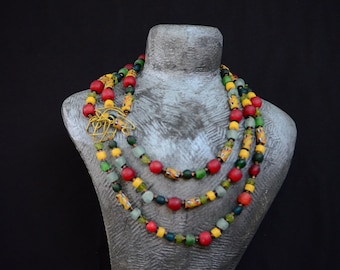 Red and Green layered African necklace,Green beaded African necklace for women,Trade Beads