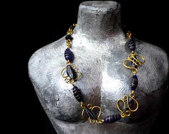 Cobalt Blue Wire Art Brass necklace,African Brass wired Blue necklace,Unique Blue African necklace for women