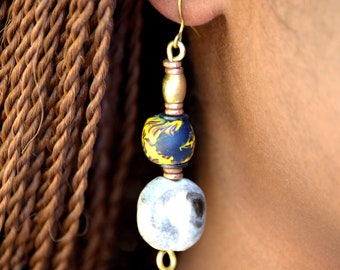 Yellow and Grey Brass Cow Horn drop earrings,African Cow horn Drop earrings,Unique Afrocentric drop earrings for women