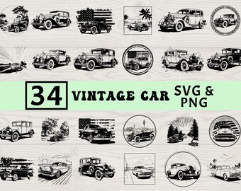 May include: Collection of 34 vintage car illustrations in black and white. The designs include various classic car models, some with American flag motifs, and scenic backgrounds. Text reads "34 VINTAGE CAR SVG & PNG."