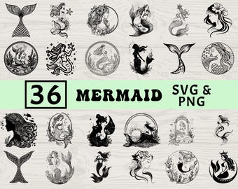 Mermaid Silhouette SVG PNG Bundle: Fantasy Ocean Vector, Cricut Cut Files