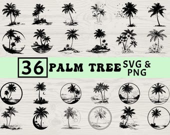 Palm Tree Silhouette SVG PNG Bundle, Tropical Beach Clipart, Summer Vacation Cut Files, Ocean Vector