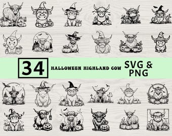 Halloween Hexe Kuh SVG PNG Bundle | Gruselige Highland Kuh, Vektor