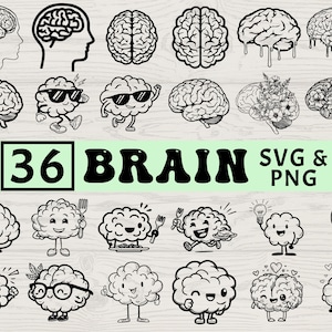 Puede incluir: Una colección de 36 gráficos SVG y PNG en blanco y negro con temática de cerebro. Los diseños incluyen ilustraciones realistas de cerebros, contornos de cerebros y cerebros de dibujos animados con diversas expresiones y accesorios. También se incluye el texto "36 BRAIN SVG & PNG".