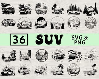 May include: Black and white illustrations of SUVs in various outdoor settings, including mountains, beaches, and cityscapes. The image includes the text "36 SUV SVG & PNG".
