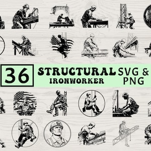 Puede incluir: Una colección de 36 ilustraciones en blanco y negro que representan a trabajadores de la construcción en diversas poses. Las imágenes incluyen trabajadores en vigas, escalando estructuras y trabajando con herramientas. También aparece el texto "36 STRUCTURAL SVG & PNG".