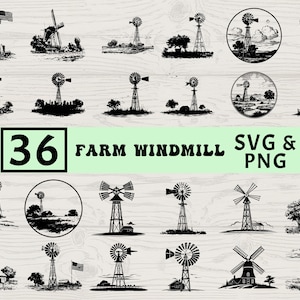 May include: A collection of 36 black and white farm windmill illustrations in SVG and PNG formats. The images depict various windmill designs, some with American flags, set against rural landscapes. The text "36 Farm Windmill SVG & PNG" is also included.