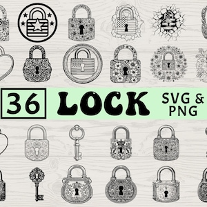 May include: A collection of 36 lock designs in black and white, including heart-shaped, floral, and circular patterns. The image also features keys and the text "LOCK SVG & PNG".
