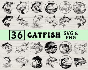 Catfish Silhouette SVG PNG Bundle, Fishing Clipart, Rustic Outdoor Cut Files, Freshwater Fish Vector