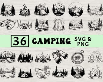 Camping Silhouette SVG PNG Bundle, Outdoor Adventure Clipart