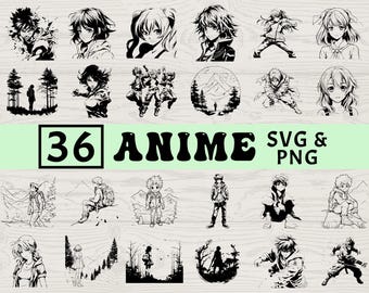 May include: A collection of 36 black and white anime-style illustrations in SVG and PNG formats. The images feature various characters and scenes, including portraits, action poses, and landscapes. The word "ANIME" is displayed in a retro font.
