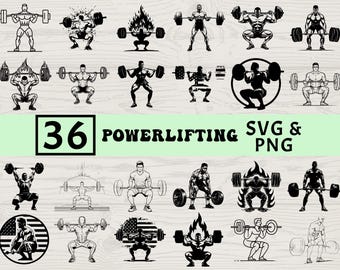 May include: A collection of 36 powerlifting-themed SVG and PNG graphics. The black and white illustrations depict weightlifters in various poses, including squats and overhead lifts, with some figures stylized with flames and American flag designs.