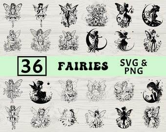 Paquete de siluetas de hadas SVG PNG, imágenes prediseñadas de fantasía mágica, archivos de corte de bosque encantado, caprichoso