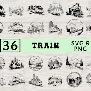May include: Black and white illustrations of various trains, including steam engines and modern bullet trains. The image includes the text "36 TRAIN SVG & PNG". The trains are depicted in different settings, such as mountains and cityscapes.