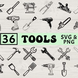 May include: Black and white line art of 36 tools, including hammers, drills, saws, wrenches, and more. The image includes the text "36 TOOLS SVG & PNG" in a green rectangle.