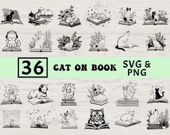 Cat on Book Silhouette SVG PNG Bundle, Reading Cat Clipart, Book Lover Cut Files, Cozy Vector