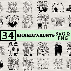 Könnte beinhalten: Eine Sammlung von 34 Schwarz-Weiß-Illustrationen von Großeltern, Paaren und Familien. Die Bilder sind im SVG- und PNG-Format. Die Illustrationen zeigen Großeltern mit Enkelkindern, Paare und Familienporträts.