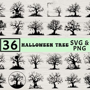 May include: A collection of 36 Halloween tree designs in SVG and PNG formats. The black silhouettes feature various spooky trees with jack-o'-lanterns, bats, and eerie details, perfect for seasonal crafts and decorations.