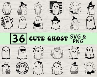 Cute Ghost Silhouette SVG PNG Bundle, Halloween Cartoon Clipart, Spooky Fun Cut Files, Kawaii Spirit