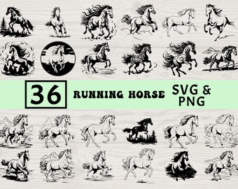 Running Horse Silhouette SVG PNG Bundle, Wild Mustang Clipart, Western Animal Cut Files, Equestrian