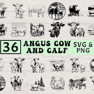 May include: A collection of 36 black and white Angus cow and calf SVG and PNG designs. The images feature various illustrations of cows and calves, some with American flag and landscape elements. The text "36 ANGUS COW AND CALF SVG & PNG" is also present.