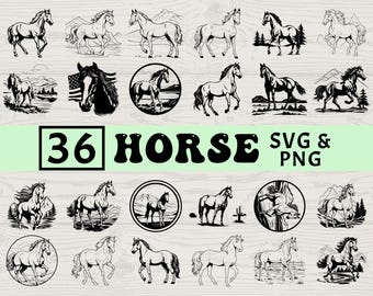 Paquete SVG PNG de silueta de caballo, imágenes prediseñadas de animales ecuestres, archivos de corte de rancho occidental, vaquero de granja