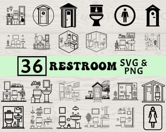 Può includere: Illustrazioni in bianco e nero di servizi igienici e icone correlate. L'immagine include vari design di servizi igienici, simboli di servizi igienici e un cartello con il numero 36 e la parola "RESTROOM" in grassetto. È presente anche il testo "SVG & PNG".