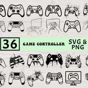 May include: A collection of 36 game controller designs in black and white, including various styles and illustrations. The image also includes the text "Game Controller SVG & PNG".