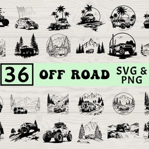 May include: A set of 36 off-road vehicle designs in SVG and PNG formats. The black and white illustrations show various 4x4s in different environments, including mountains, beaches, and forests. Some designs feature flags.