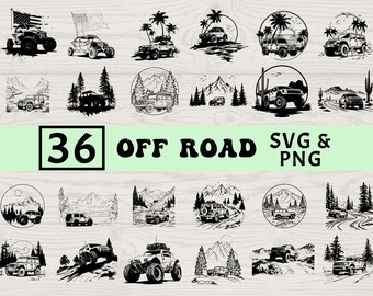 May include: Collection of 36 off-road vehicle designs in SVG and PNG formats. The black and white illustrations depict various 4x4s in diverse settings, including mountains, beaches, and forests. Some designs feature American flags.